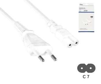 Cable de alimentación Euroconector tipo C a C7, 0,75 mm², Euroconector/IEC 60320-C7, VDE, blanco, longitud 2,00 m, caja DINIC